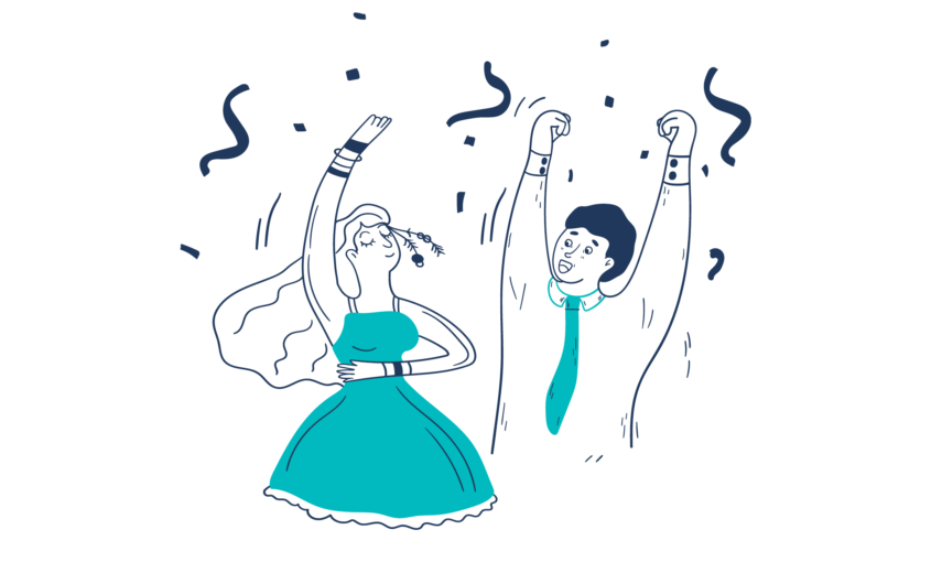 Illustration of a man and a woman with arms in the air dancing and smiling