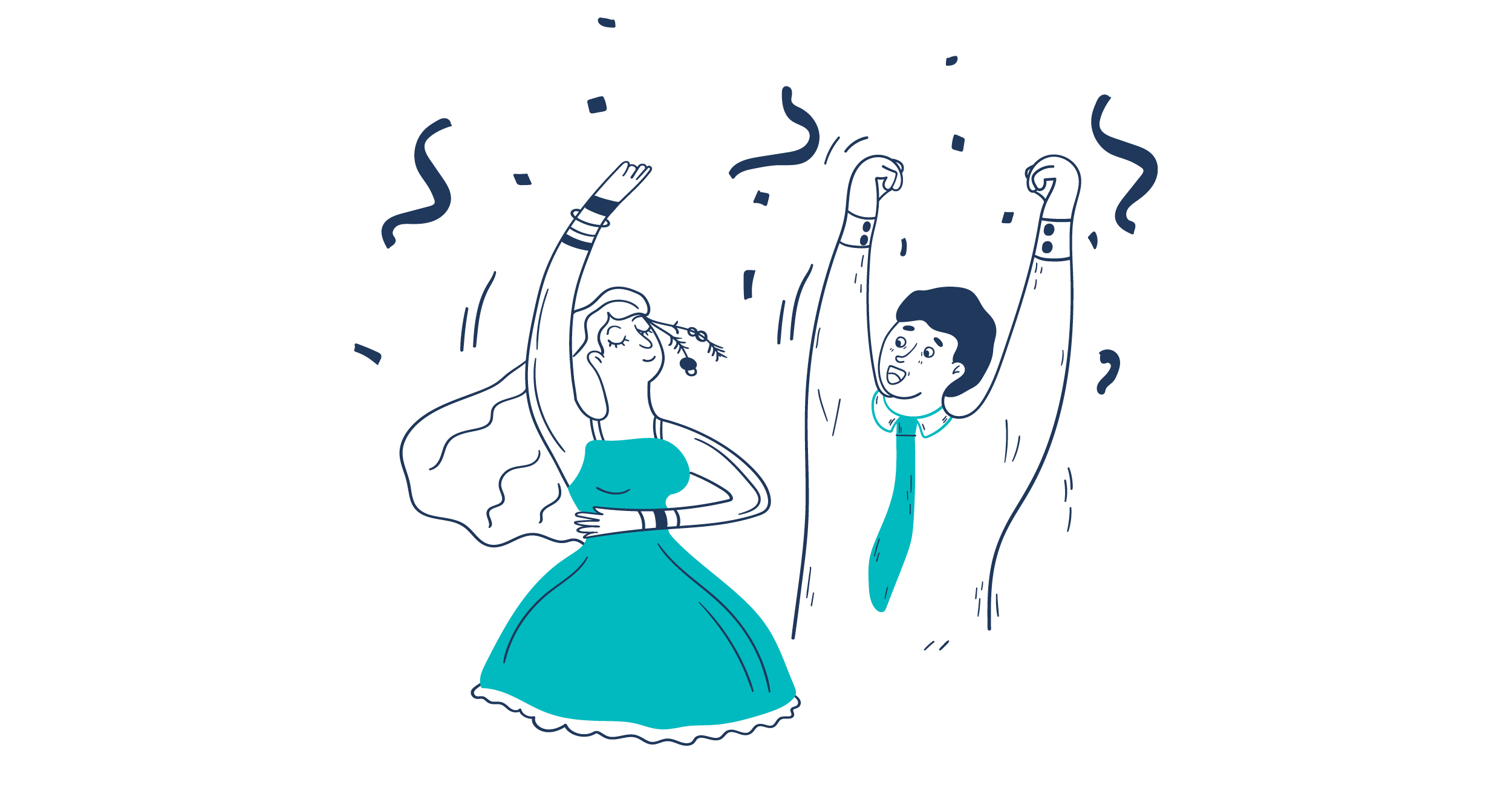 Illustration of a man and a woman with arms in the air dancing and smiling