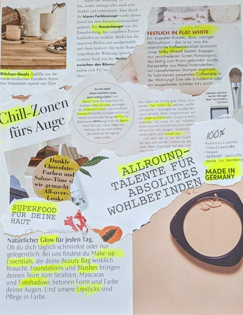 Clippings from various German beauty magazines show English loan words are a popular choice in marketing copy
