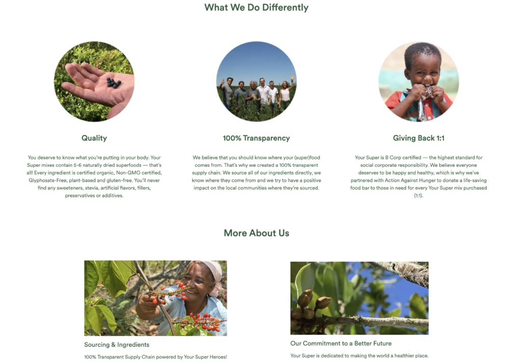 Screenshot of Weleda's website showing the What We Do Differently Section, which highlights Weleda's commitment to quality, transparency and giving back.