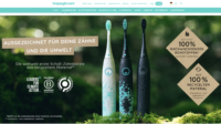 Screenshot of Happy Brush webpage which shows toothbrushes and clear explanations about what the product is made of.