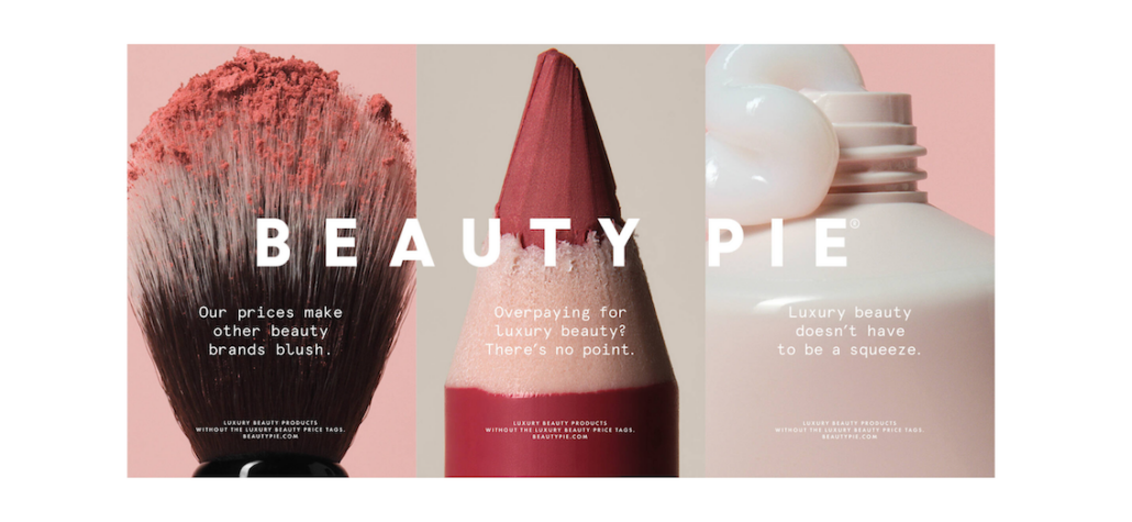 Beauty Pie advert featuring word play slogans in English