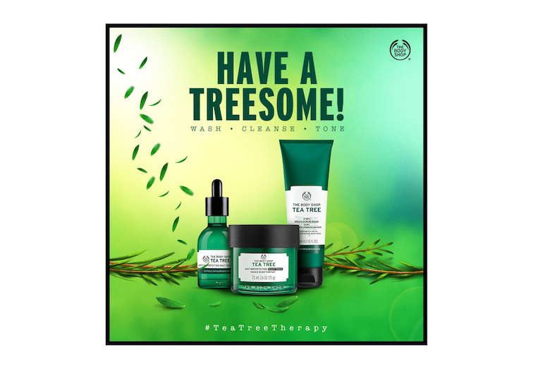 Bodyshop advert with the wordplay Have a treesome