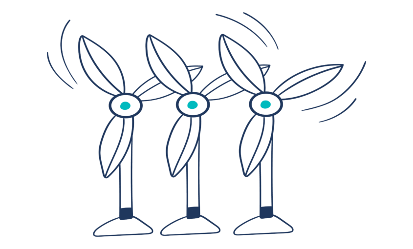The image shows an illustration of three wind turbines