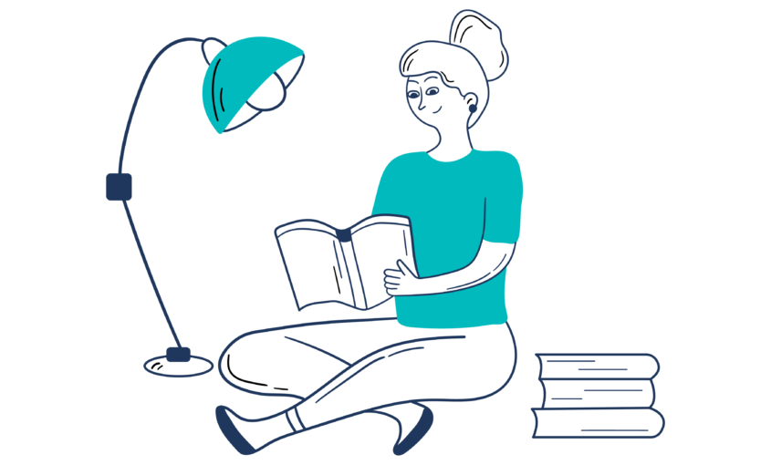 Illustration of smiling woman studying a book by a lamp