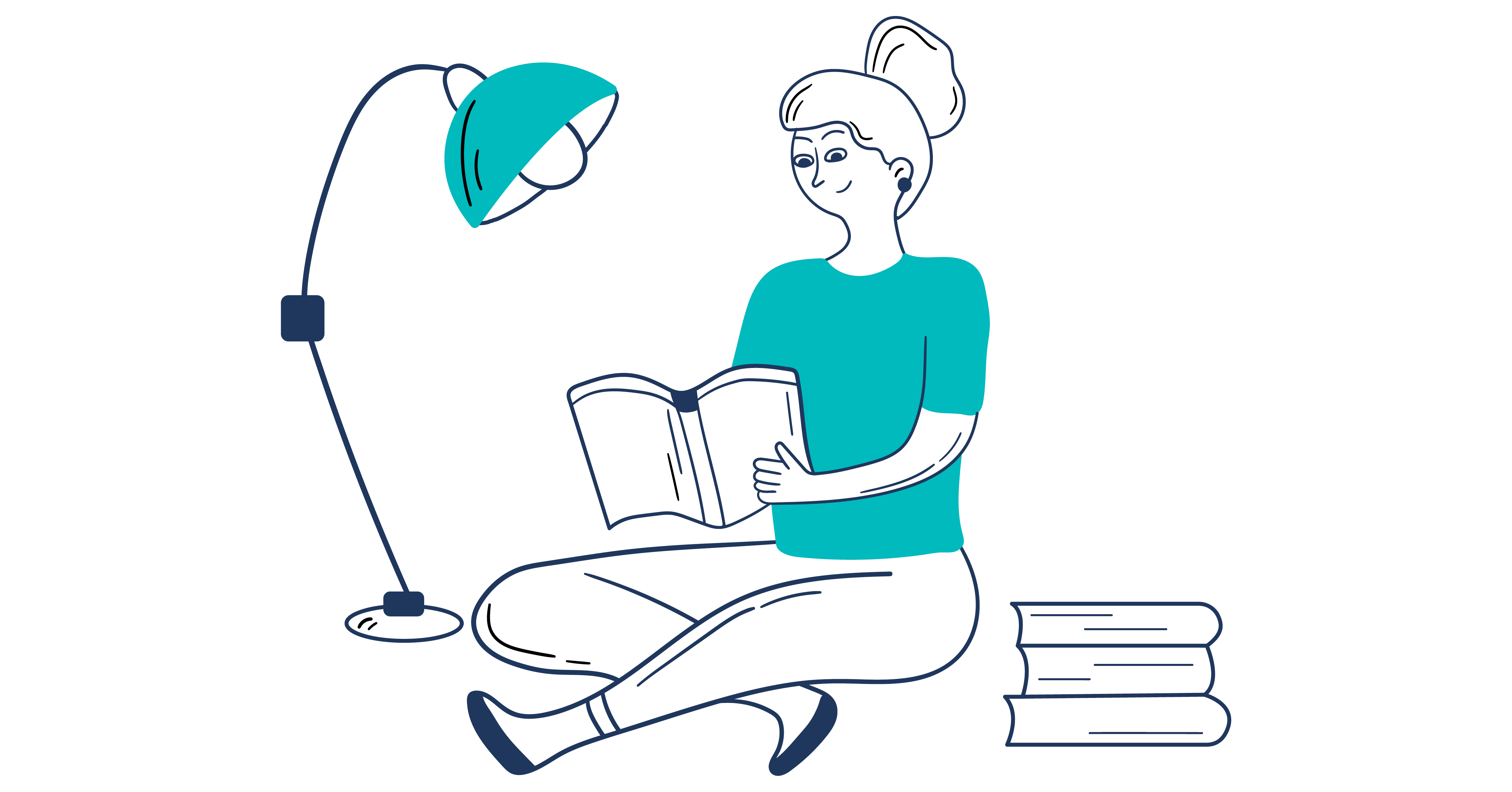 Illustration of smiling woman studying a book by a lamp