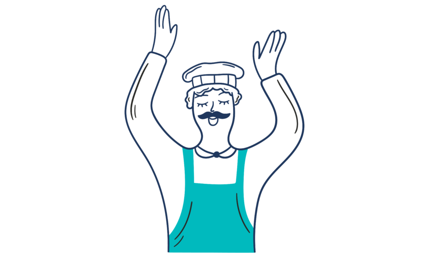 Illustration of a chef with hands in the air smiling
