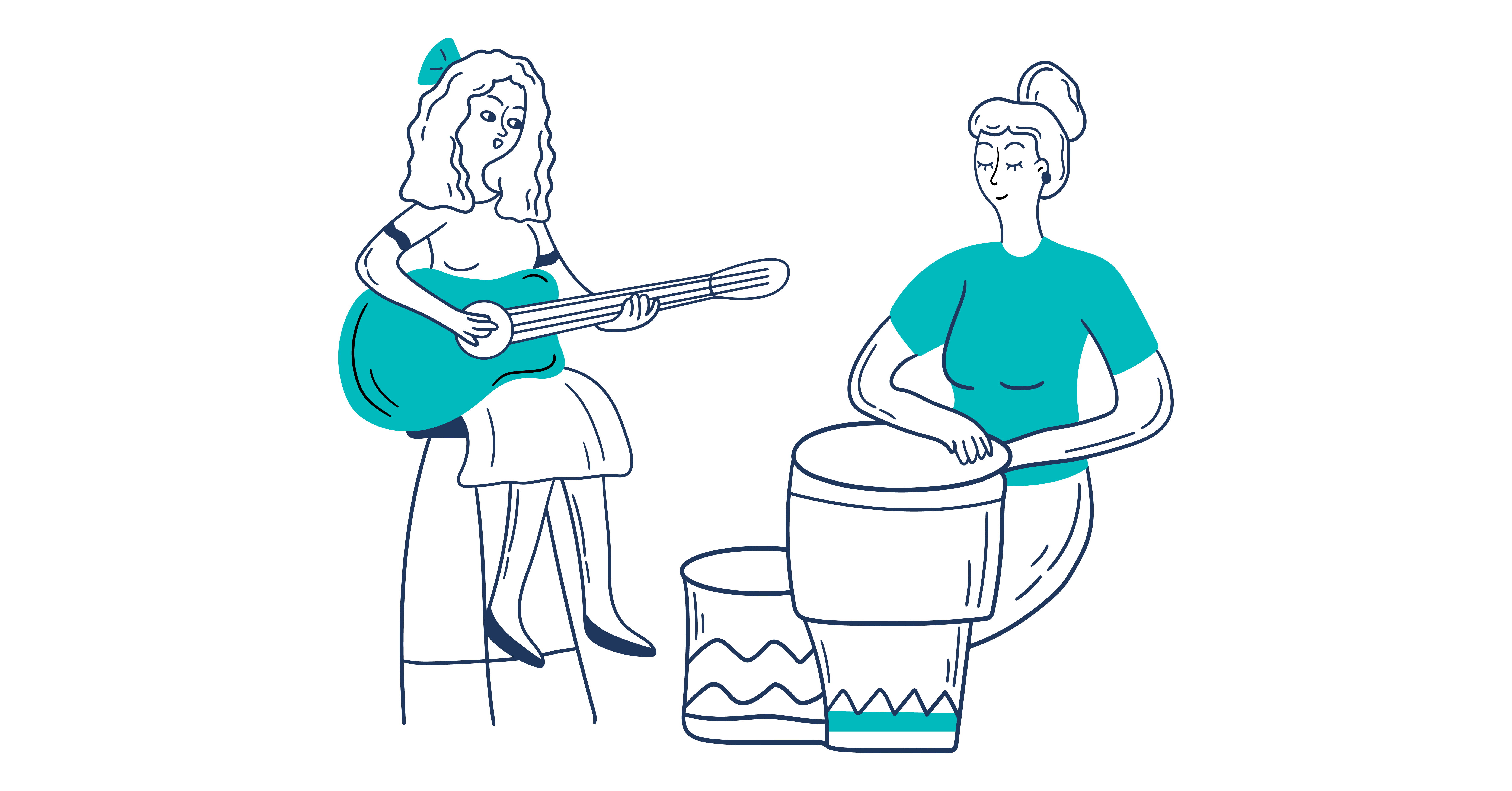 Illustration of two smiling women facing each other making music together. The woman on the left is sitting on a chair playing the guitar and the woman on the right is sitting on the floor playing bongo drums with her hands.