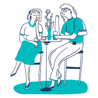 Illustration of two women sitting at a table chatting