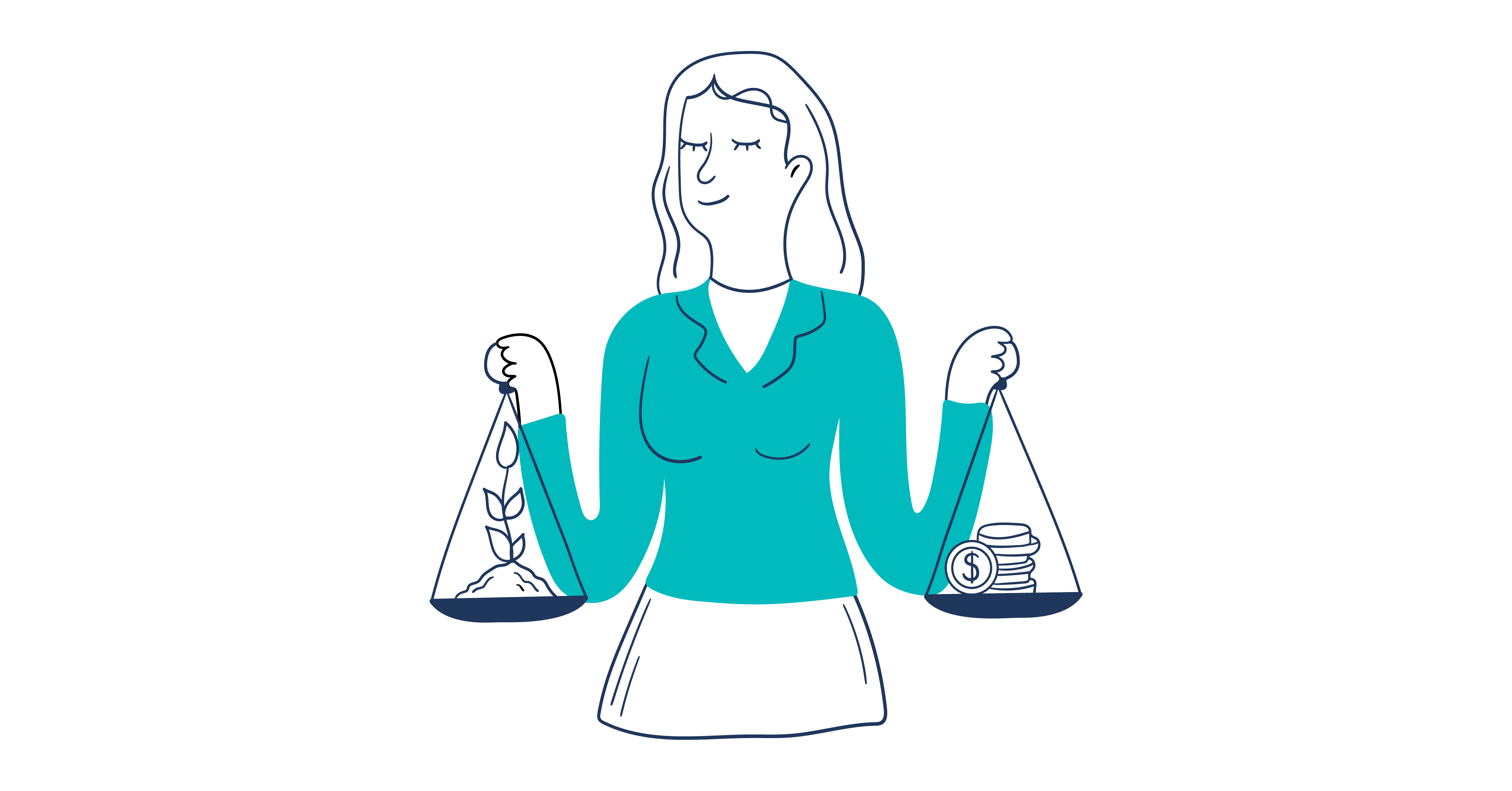 Illustration of a smiling woman balancing a scale with a plant in her left hand, and a scale with money in her right hand.