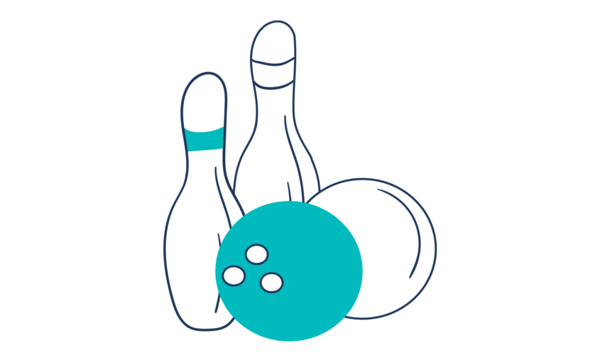 The image shows an illustration of two bowling pins and two bowling balls.