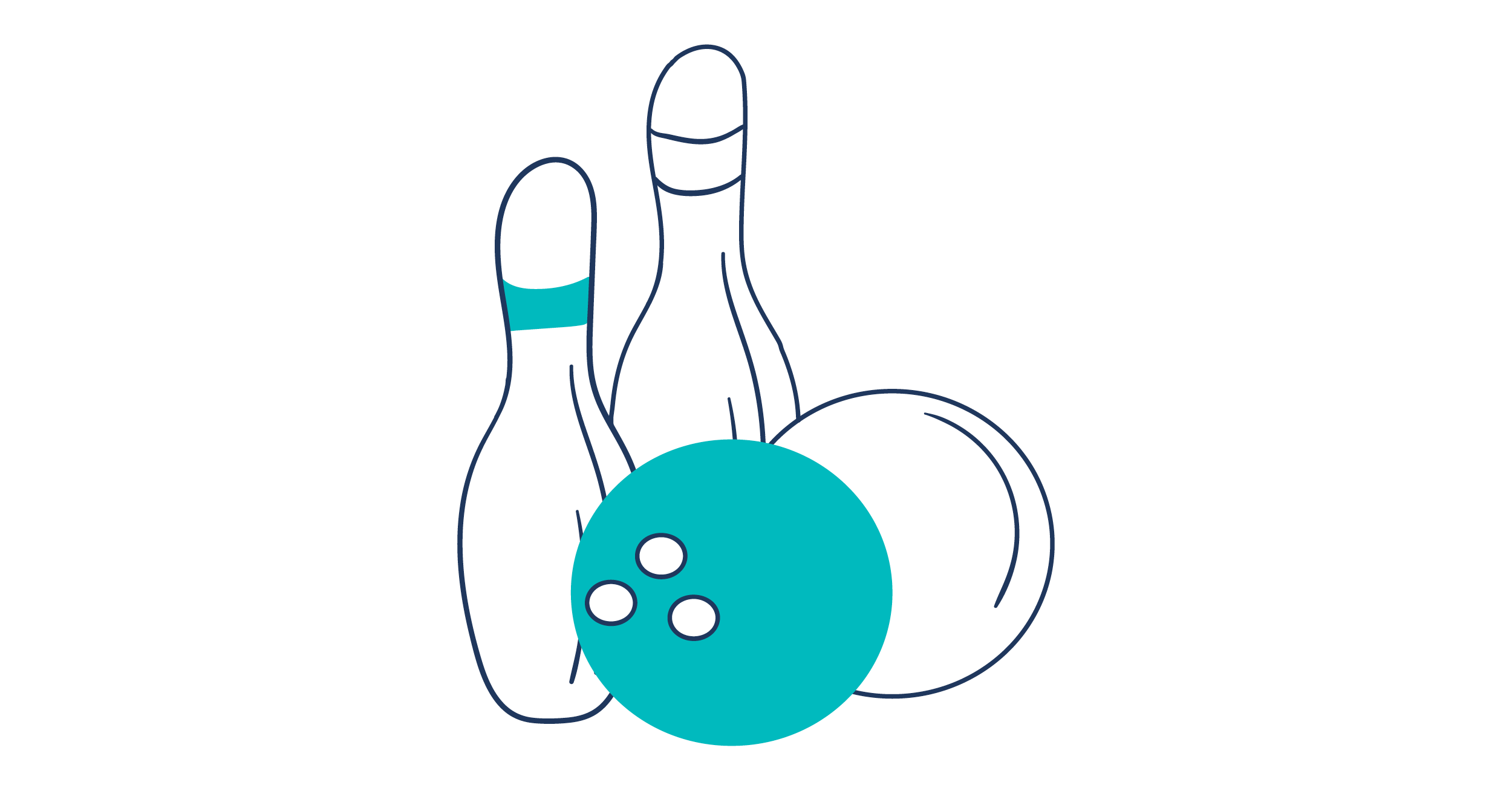 The image shows an illustration of two bowling pins and two bowling balls.