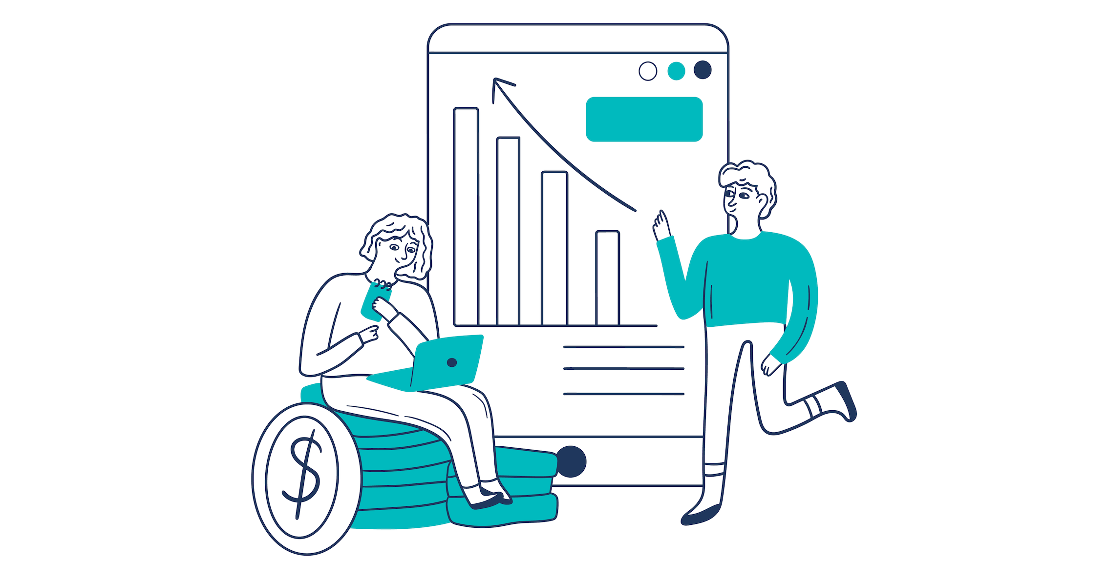 The illustration shows a man and a women looking at financial analytics on a screen