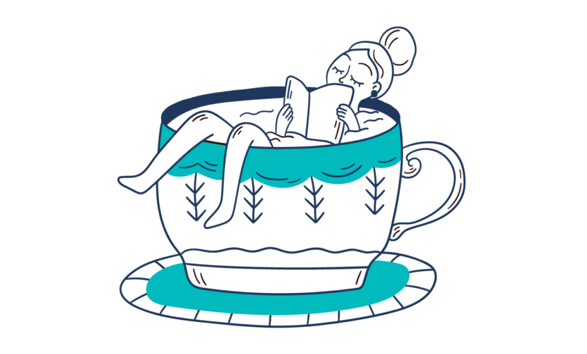Illustration of a woman relaxing reading a book in a giant tea cup