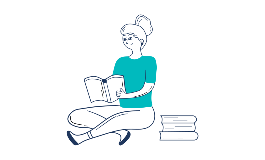 Illustration of young woman sitting down reading and smiling