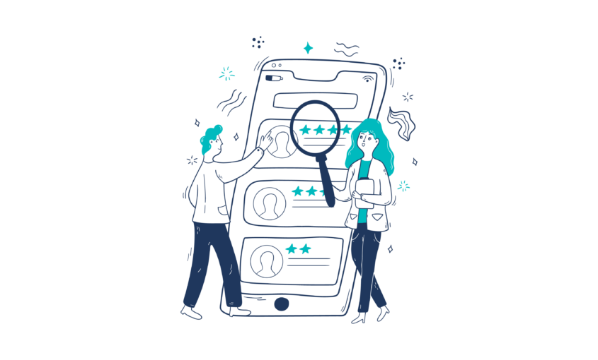 The illustration shows a man and a woman analysing online reviews on a smartphone.